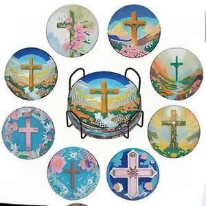 Set of 8 Diamond Painted Religious Cross Coasters